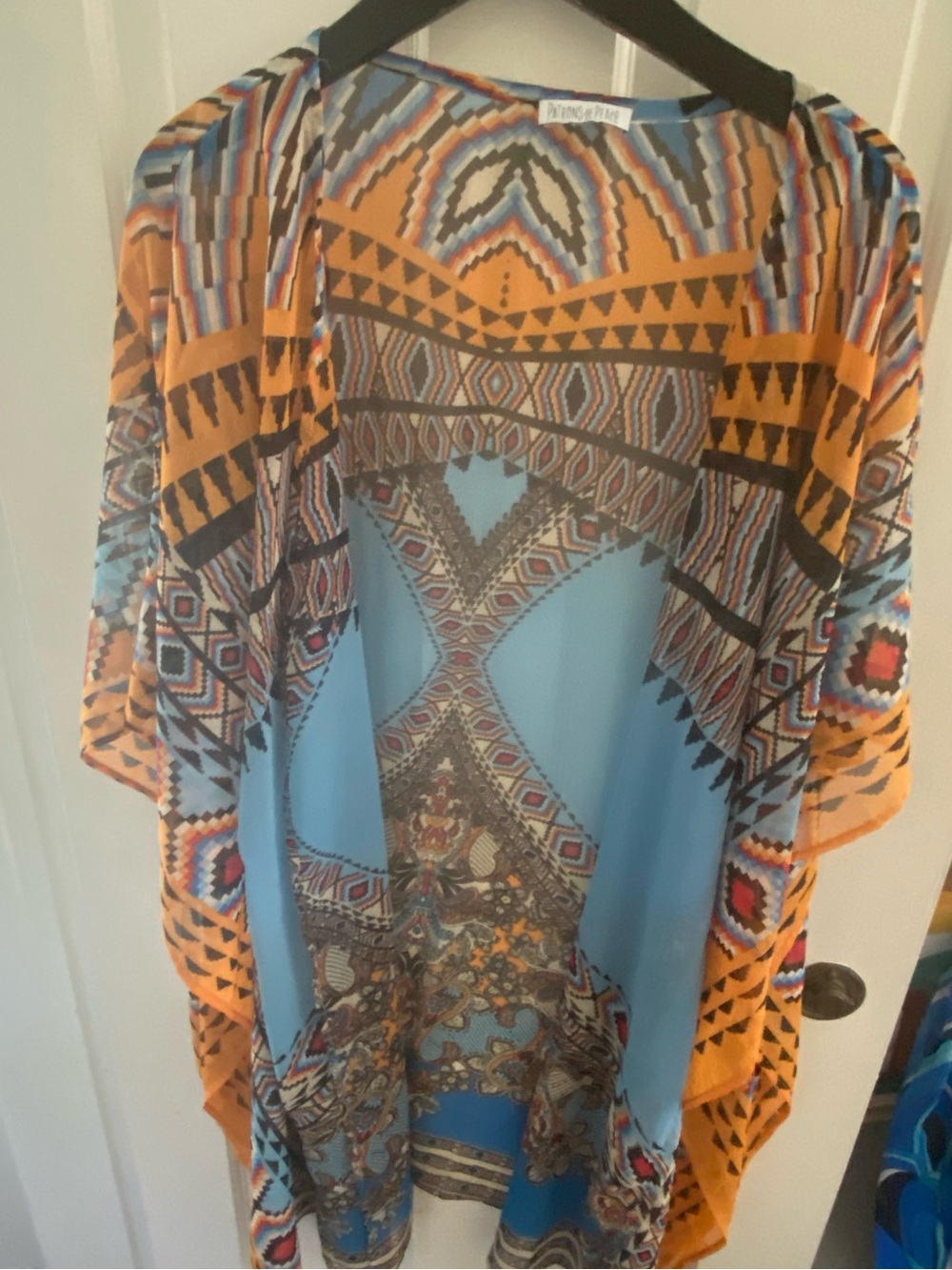 Patrons of Peace Blue and Orange Tribal-Print Kimono Beach Coverup